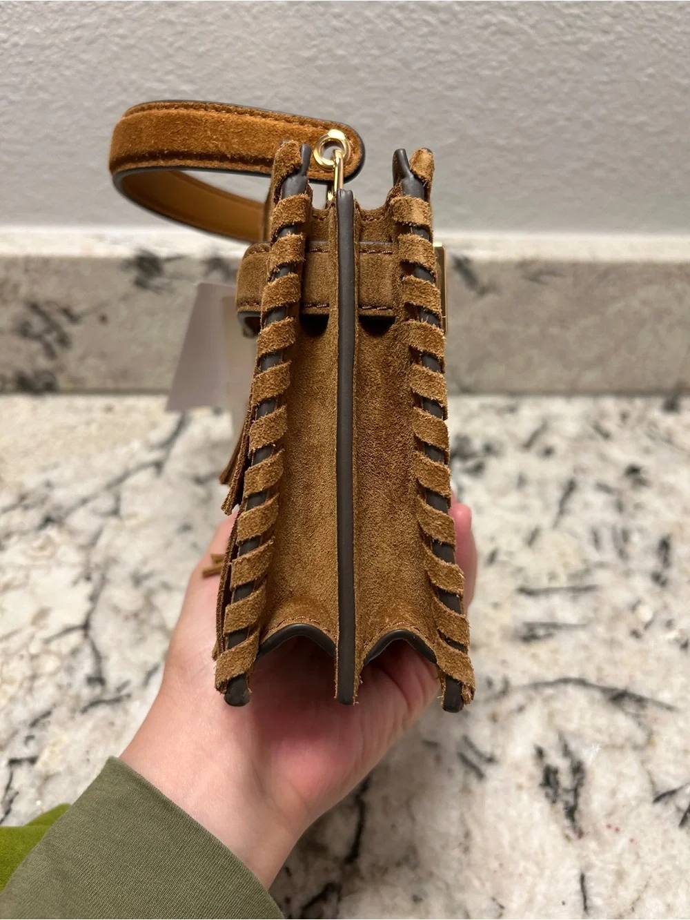 NWT Tory Burch MINI LEE RADZIWILL SUEDE FRINGE TOP-HANDLE BAG, $630 Retail